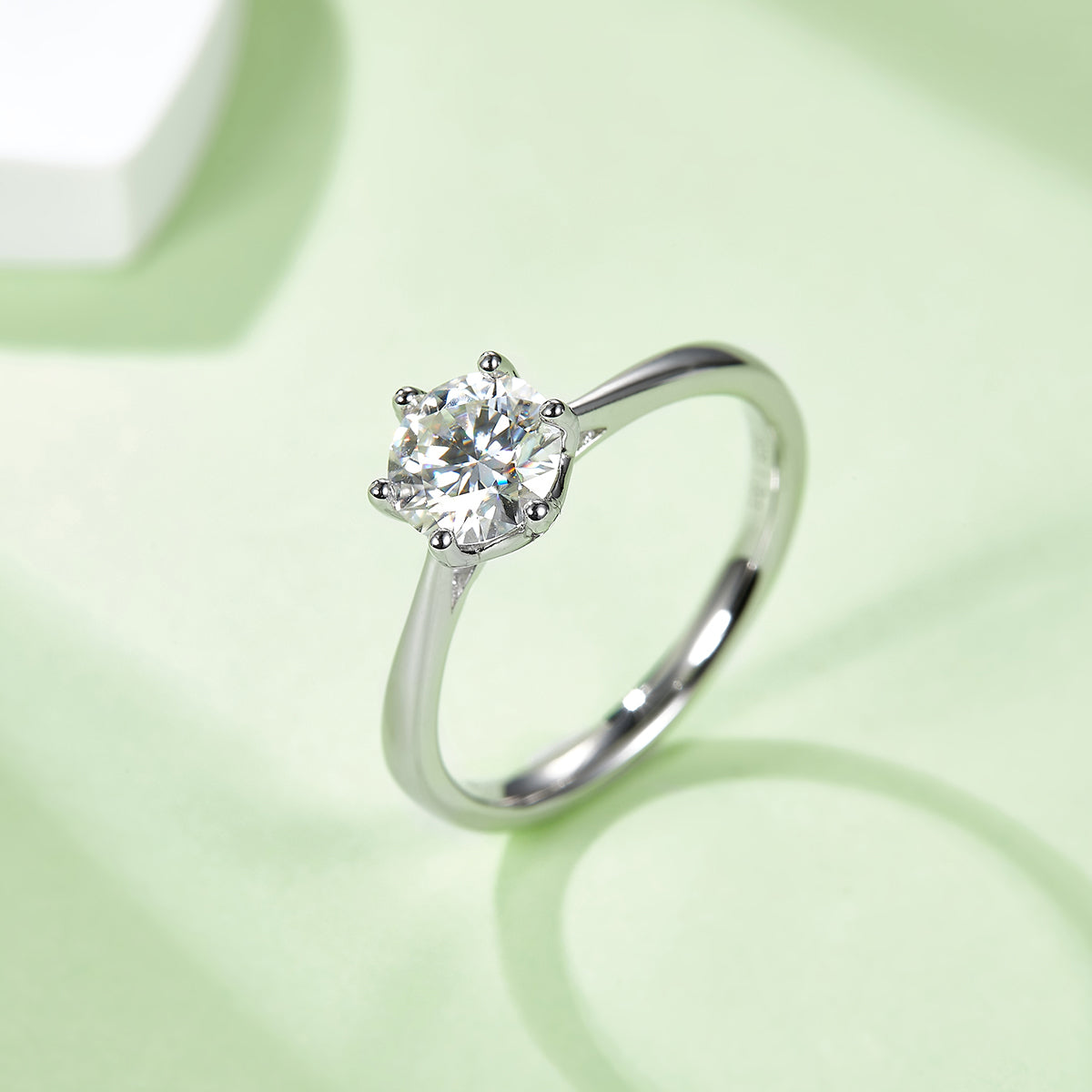 Classic Six-Prong Moissanite Ring, S925 Silver with Platinum Plating, 1CT D Color