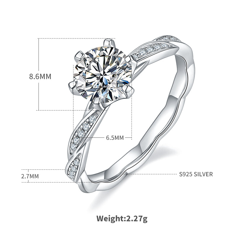 Graceful Twist Moissanite Ring, S925 Silver Platinum-Plated, 1CT D Color
