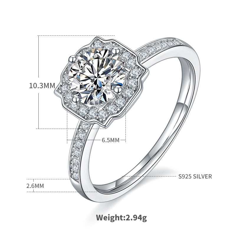Halo Pave Moissanite Ring, S925 Silver with Platinum Plating, 1CT D Color