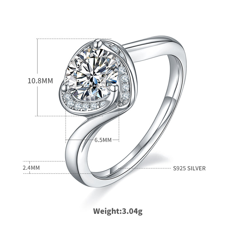 Blooming Heart Moissanite Ring, S925 Silver with Platinum Plating, 1CT D Color