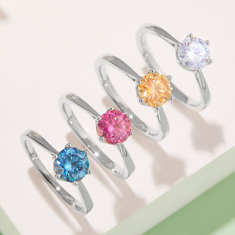 Classic Six-Prong Moissanite Ring, S925 Silver with Platinum Plating, 1CT D Color