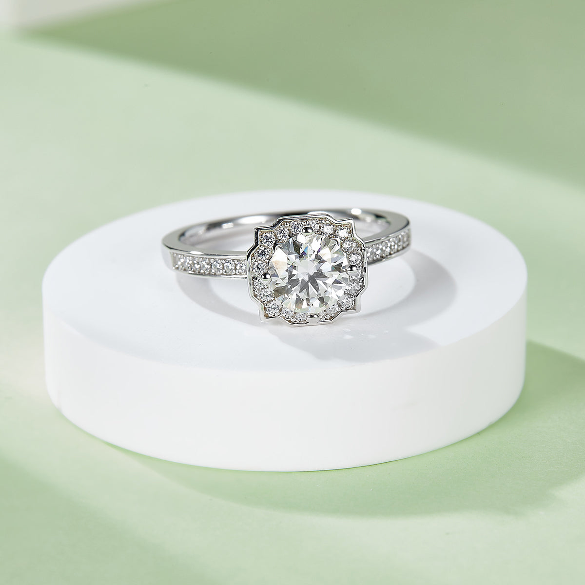 Halo Pave Moissanite Ring, S925 Silver with Platinum Plating, 1CT D Color