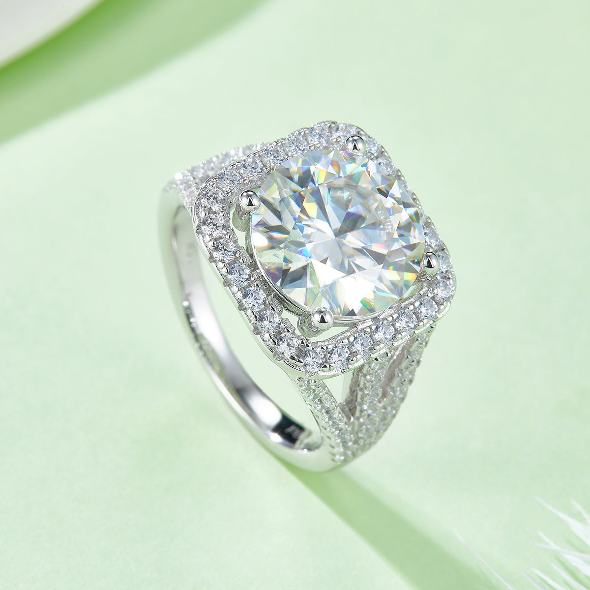 Classic Emerald Cut Moissanite Ring, S925 Silver Platinum Plated, 5CT D Color