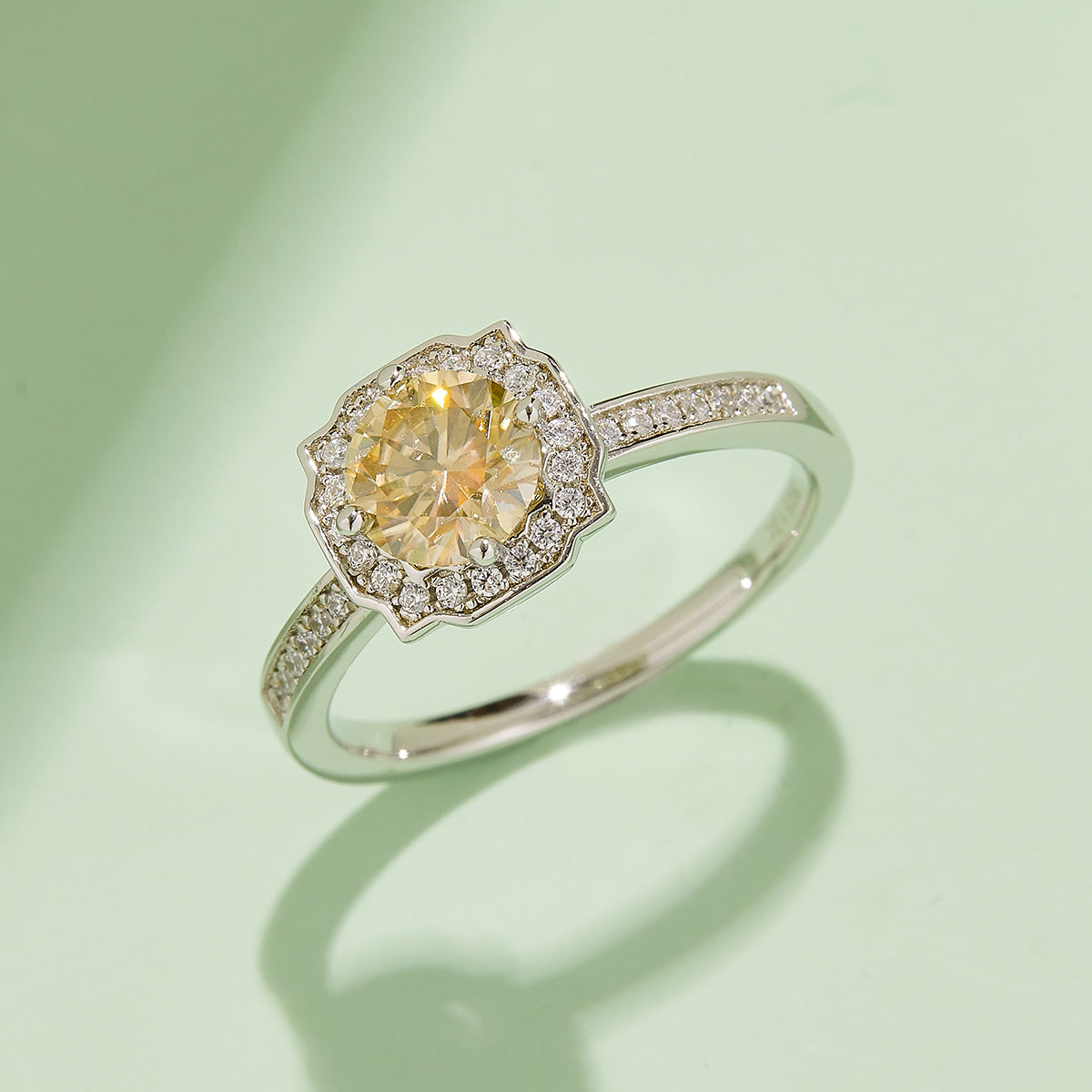 Halo Pave Moissanite Ring, S925 Silver with Platinum Plating, 1CT D Color