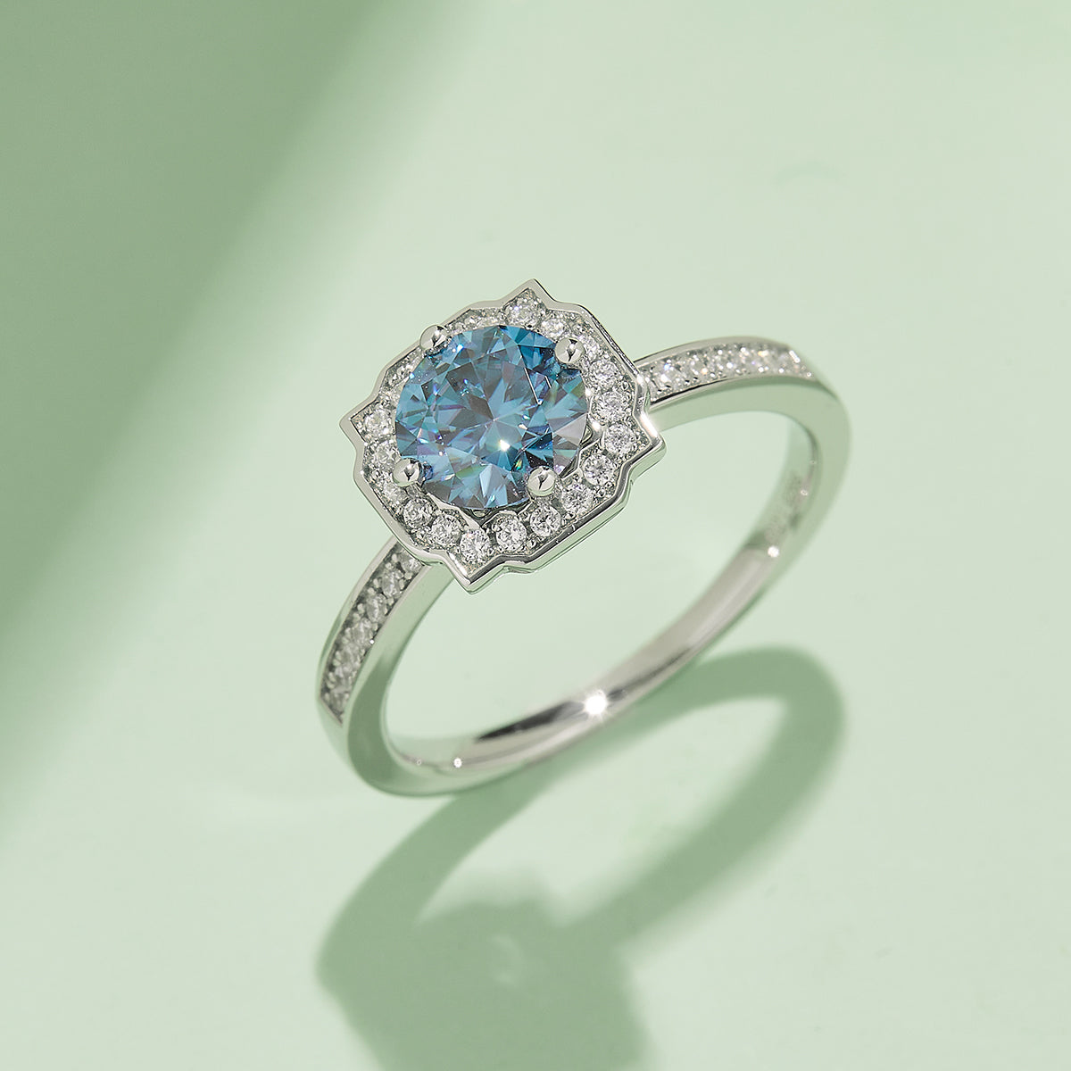 Halo Pave Moissanite Ring, S925 Silver with Platinum Plating, 1CT D Color