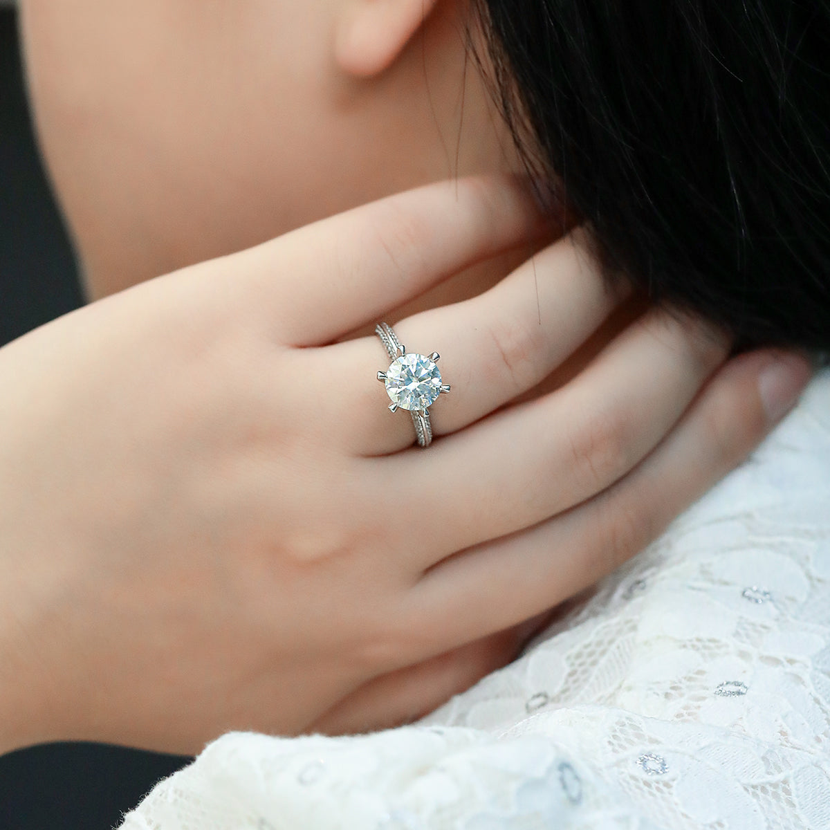 Half the Empire Moissanite Ring, S925 Silver with Platinum Plating, 3.0CT D Color