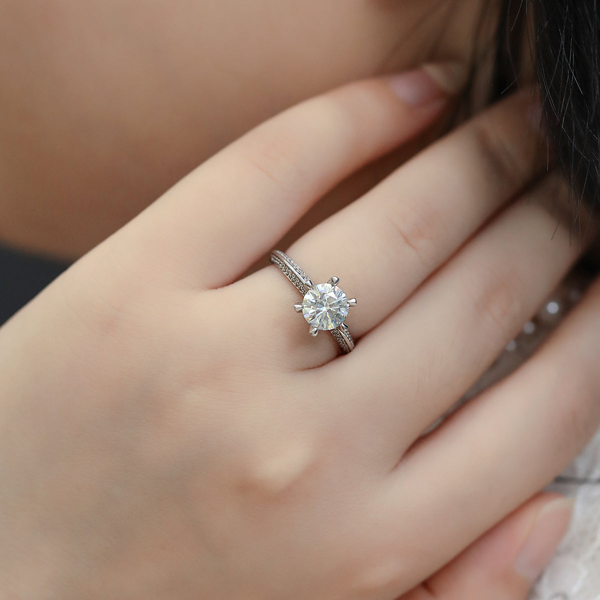 Half the Landscape Moissanite Ring, S925 Silver with Platinum Plating, 1.5 CT D Color