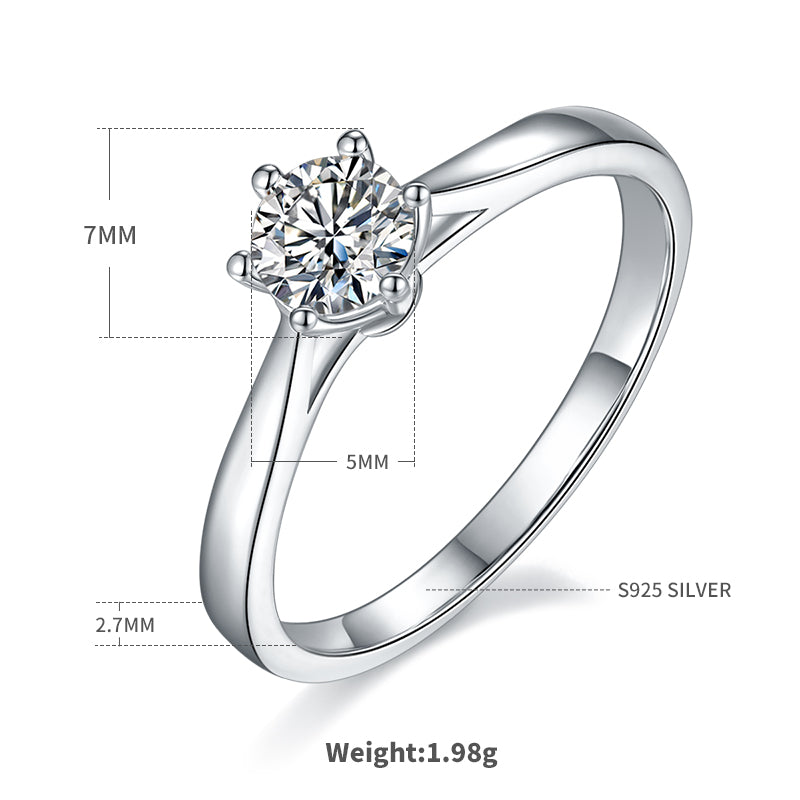 Classic Six-Prong Solitaire Moissanite Ring, S925 Silver Platinum-Plated, 0.50CT D Color