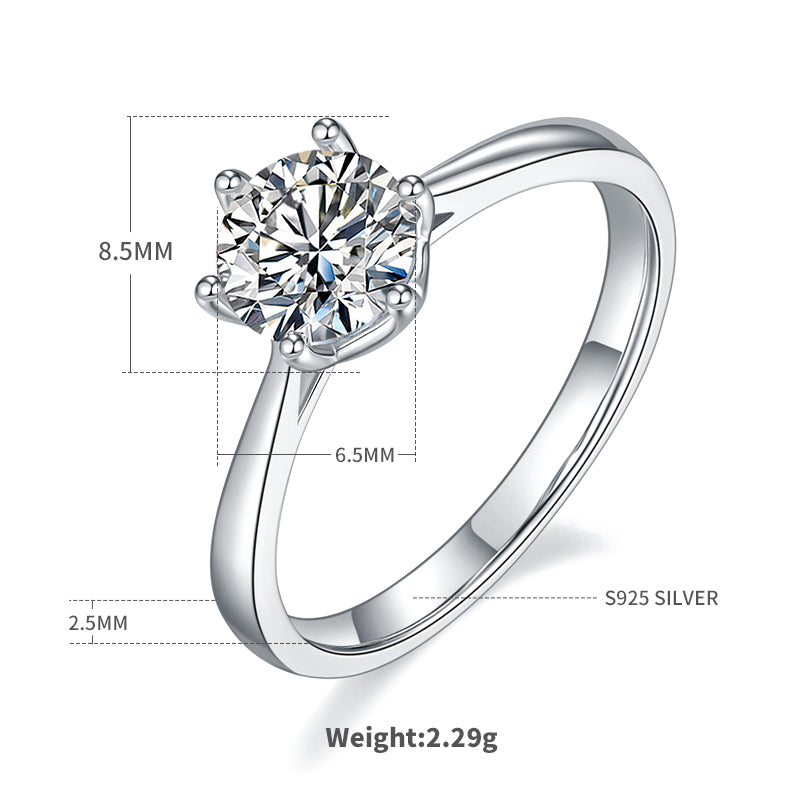 Classic Six-Prong Moissanite Ring, S925 Silver with Platinum Plating, 1CT D Color