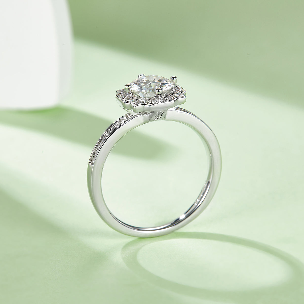 Halo Pave Moissanite Ring, S925 Silver with Platinum Plating, 1CT D Color