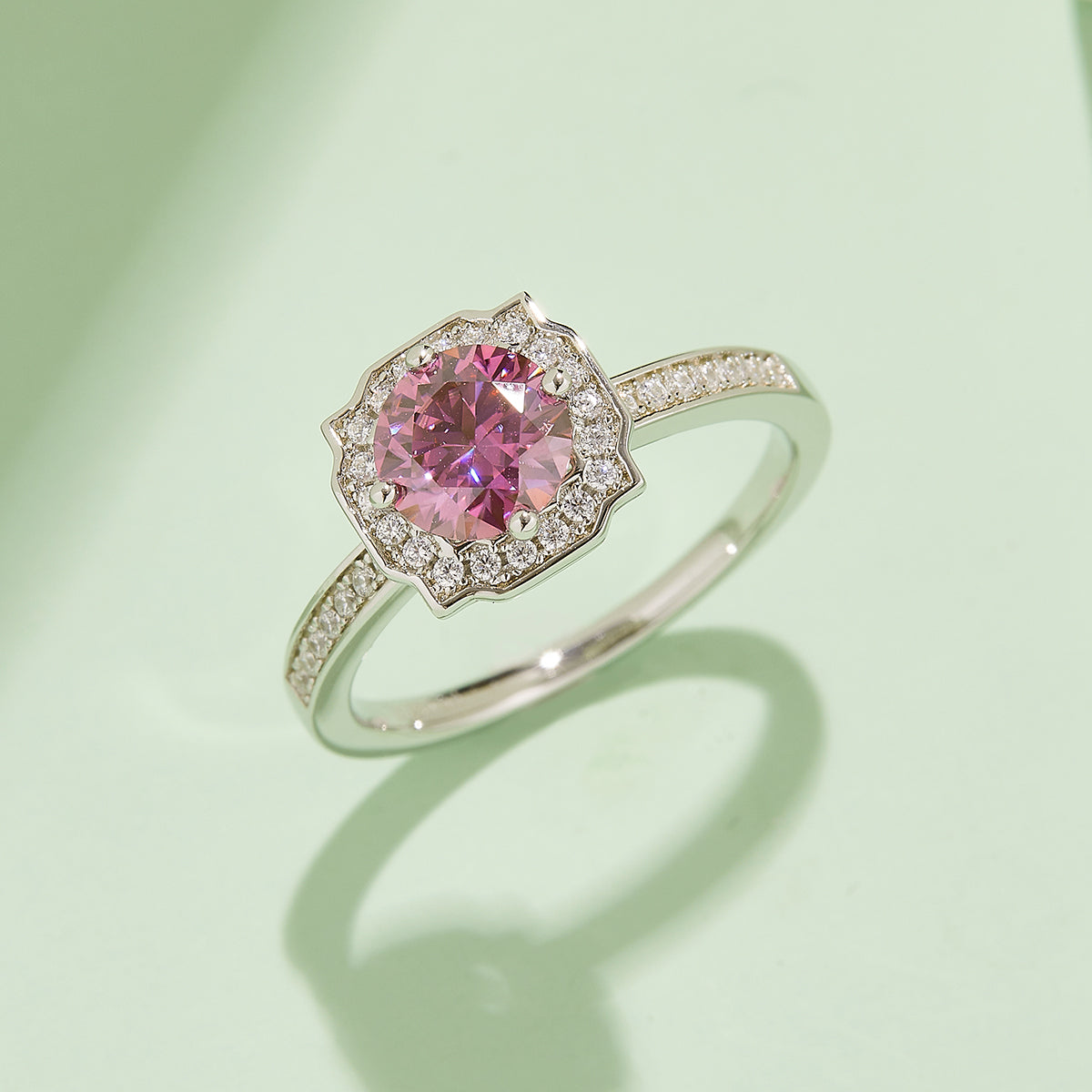 Halo Pave Moissanite Ring, S925 Silver with Platinum Plating, 1CT D Color