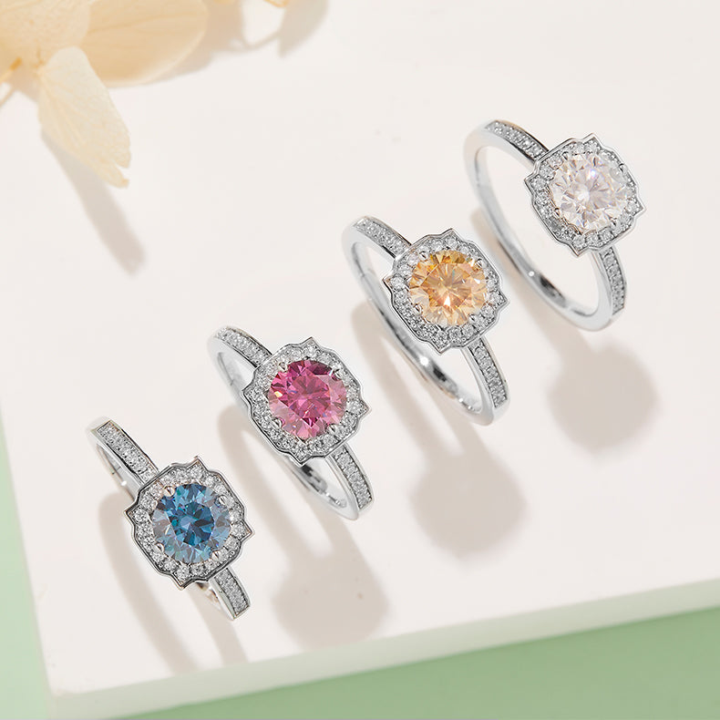 Halo Pave Moissanite Ring, S925 Silver with Platinum Plating, 1CT D Color