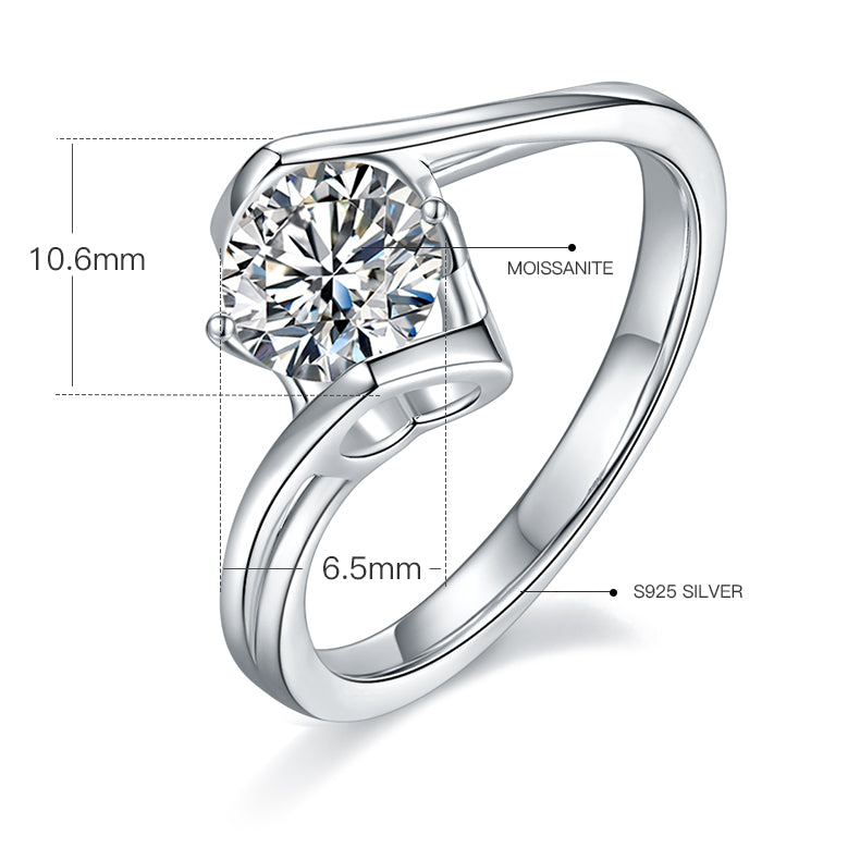 Classic Twisted Arm Angel’s Kiss Moissanite Ring, S925 Silver Platinum-Plated, 1CT D Color