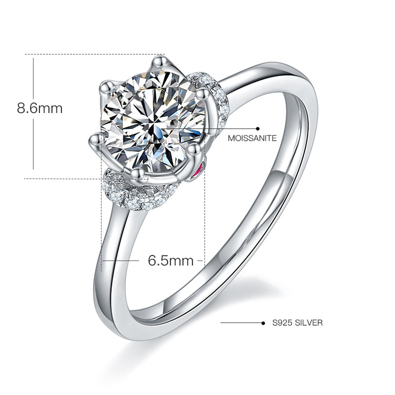 Crowned V-Prong Moissanite Ring, S925 Silver White Gold Plated, 1CT D Color