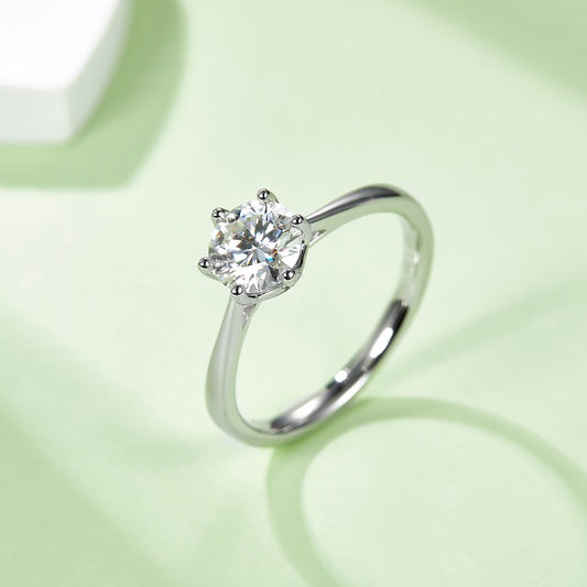 Classic Six-Prong Moissanite Ring, S925 Silver with Platinum Plating, 1CT D Color