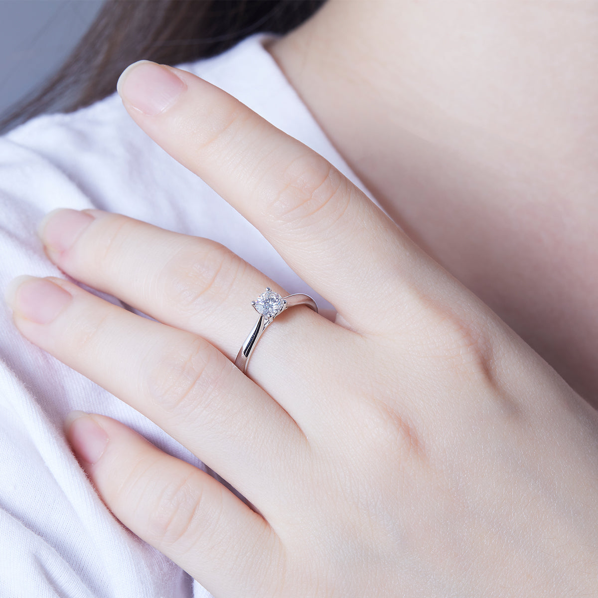 Four-Prong Solitaire Moissanite Ring, S925 Silver Platinum Plated, 0.50CT D Color