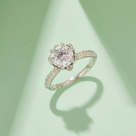 Floral Halo Moissanite Ring, S925 Silver with Platinum Plating, 2.0CT D Color