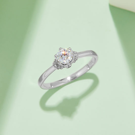 Classic Crown Moissanite Ring, S925 Silver with Platinum Plating, 0.50CT D Color