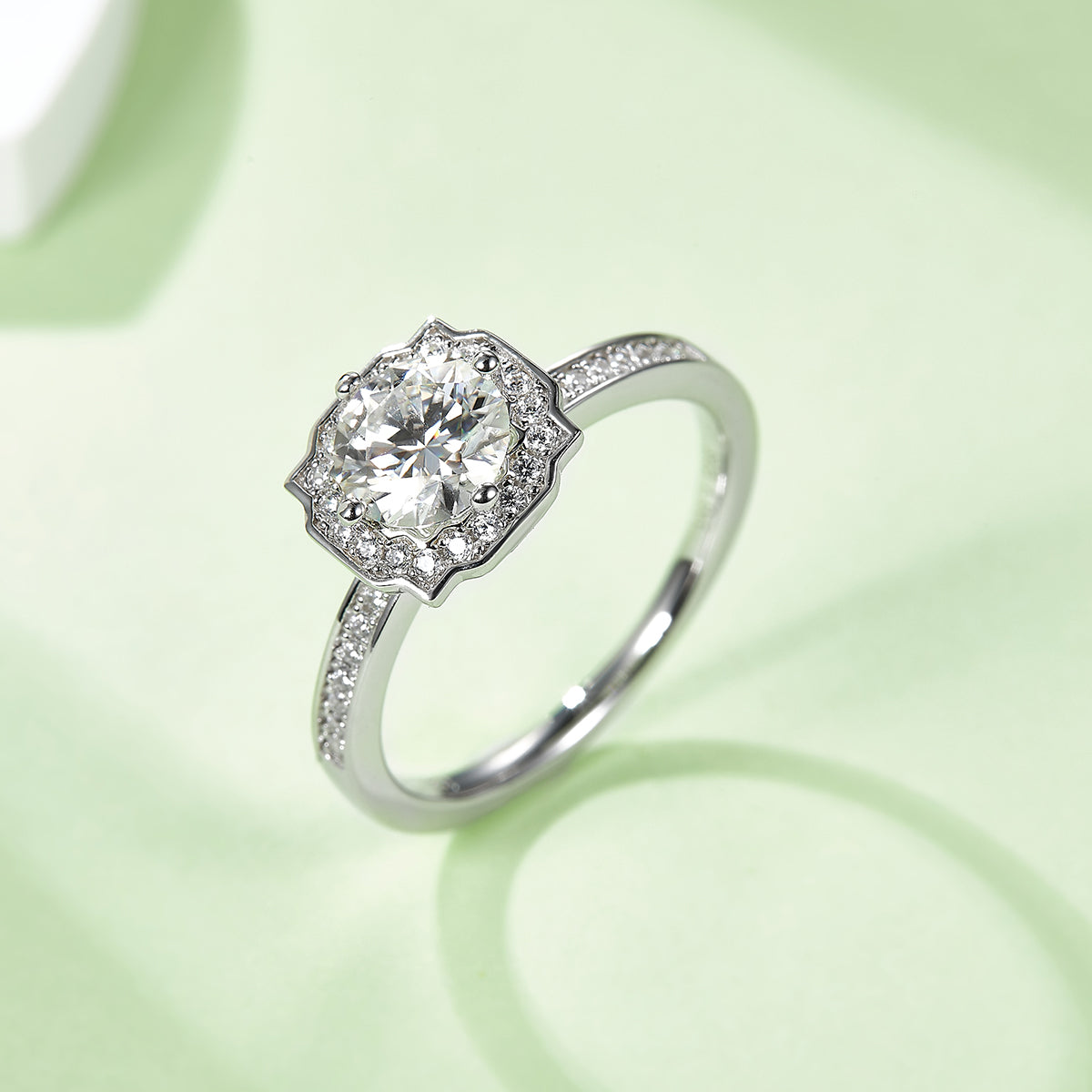 Halo Pave Moissanite Ring, S925 Silver with Platinum Plating, 1CT D Color