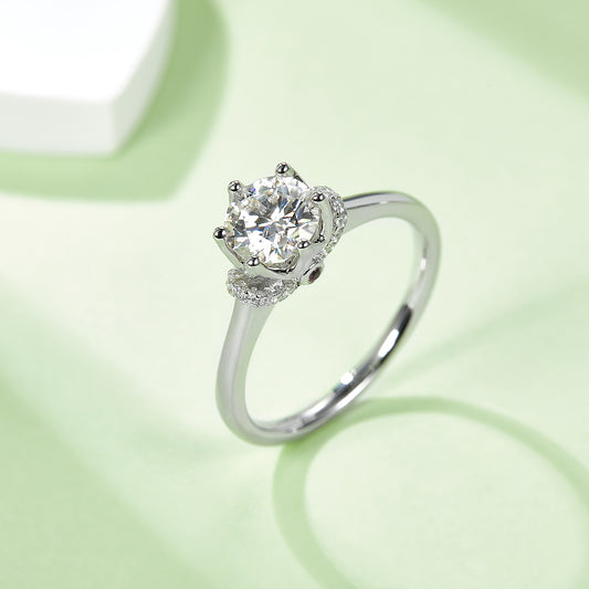 Crowned V-Prong Moissanite Ring, S925 Silver White Gold Plated, 1CT D Color