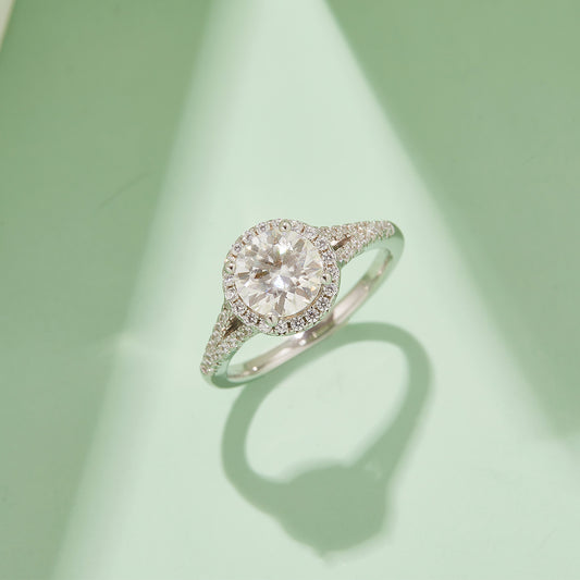 Double Arm Round Moissanite Ring, S925 Silver with Platinum Plating, 1.5CT D Color