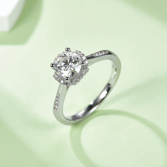 Floral Pave Moissanite Ring, S925 Silver with Platinum Plating, 1CT D Color