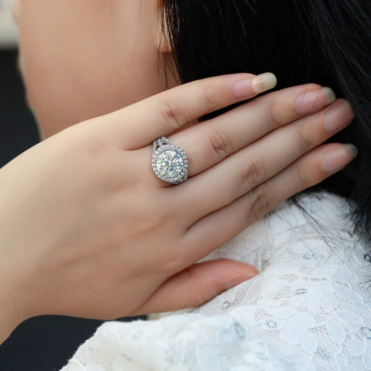 Classic Round Cut Moissanite Ring, S925 Silver with Platinum Plating,  5CT D Color