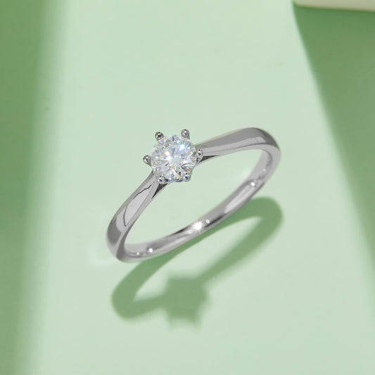 Classic Six-Prong Solitaire Moissanite Ring, S925 Silver Platinum-Plated, 0.50CT D Color