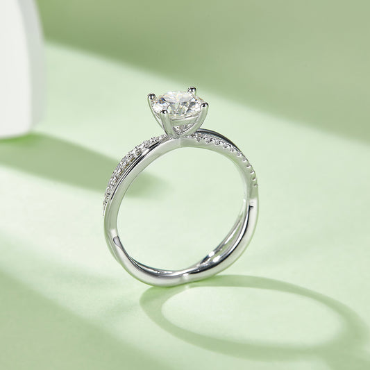 Double Arm Moissanite Ring, S925 Silver Platinum-Plated, 1CT D Color