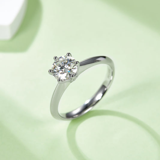 Classic Six-Prong T Style Solitaire  Moissanite Ring, S925 Platinum-Plated, 1CT D Color
