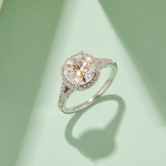 Double Arm Halo Moissanite Ring, S925 Silver with Platinum Plating, 3.0CT D Color