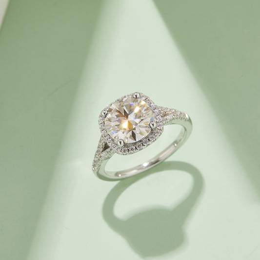 Double Arm Cushion-Cut  Moissanite Ring, S925 Silver Platinum-Plated, 3.0CT D Color