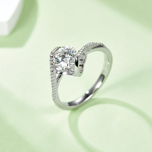 Angel's Kiss Twist Band Moissanite Ring, S925 Silver with Platinum Plating, 1CT D Color