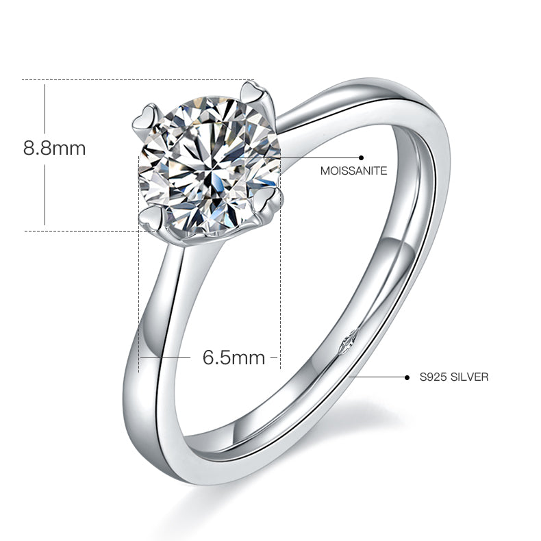 Classic 4-Prong Moissanite Ring, S925 Silver with Platinum Plating, 1 CT D Color