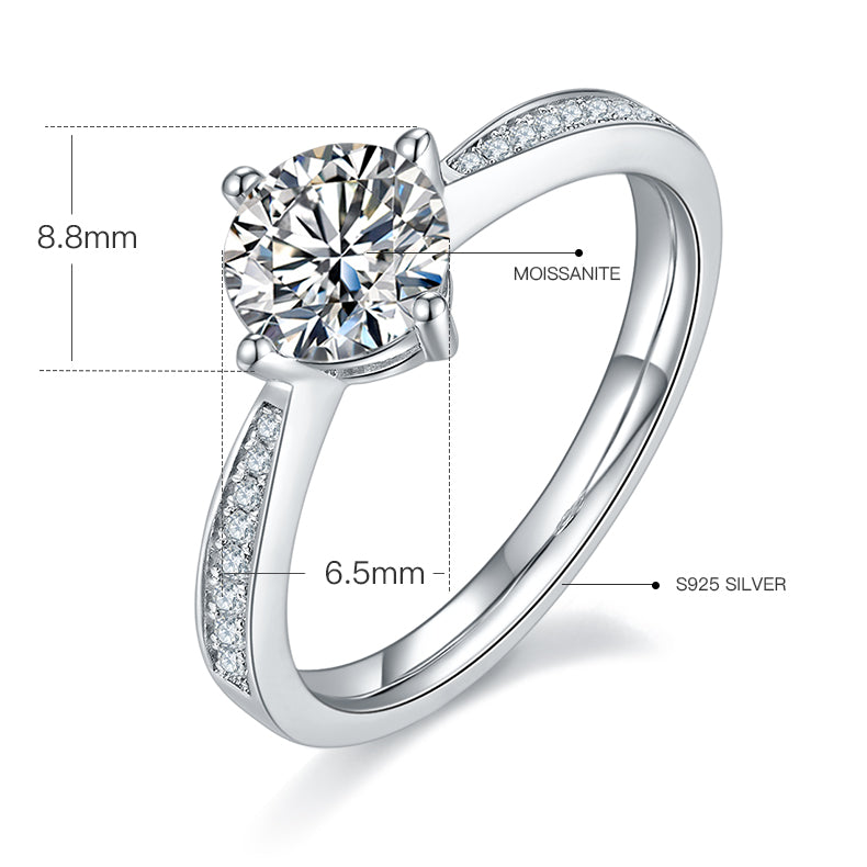 Classic Four-Prong Moissanite Ring, S925 Silver Platinum-Plated, 1CT D Color