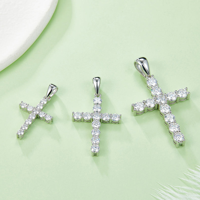 Classic Cross Pendant, S925 Silver Moissanite, D Color