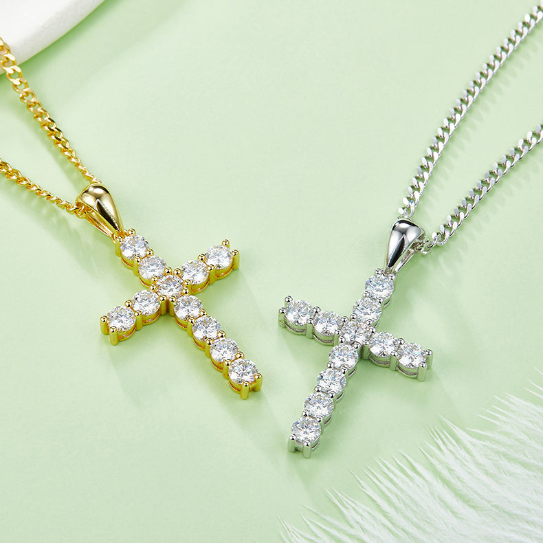 Classic Cross Pendant, S925 Silver Moissanite, D Color