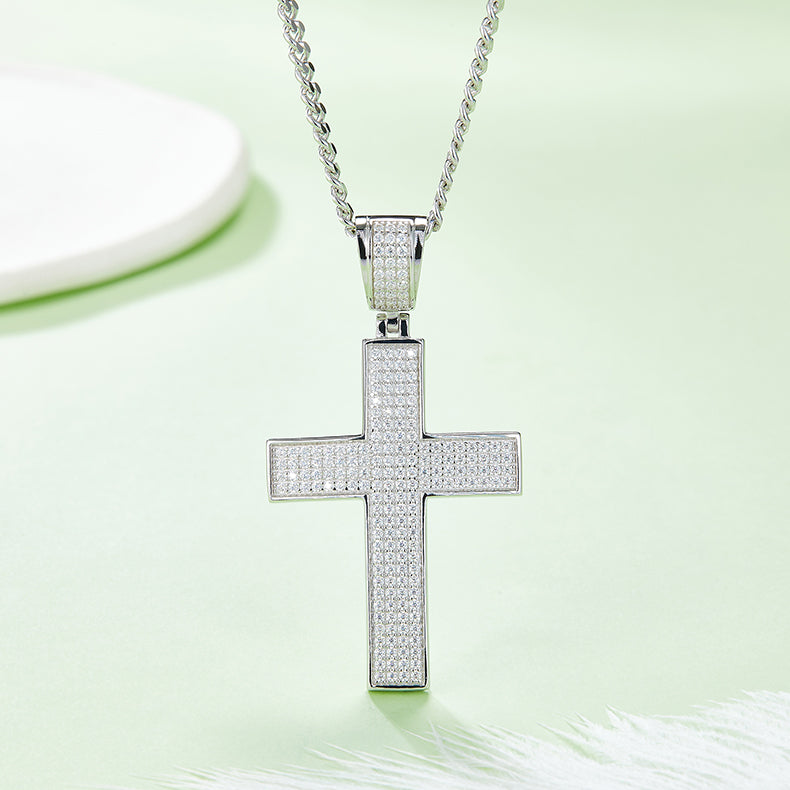 Classic Pavé Cross Pendant, S925 Silver Moissanite, D Color