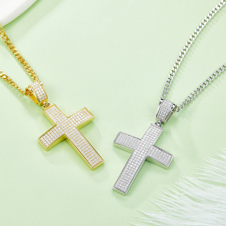 Classic Pavé Cross Pendant, S925 Silver Moissanite, D Color