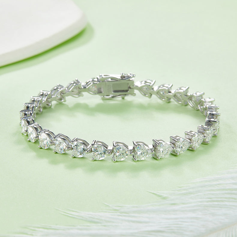 Heart-Shaped Tennis Bracelet, S925 Sterling Silver, Platinum-Plated, Moissanite, 0.5CT Per Stone