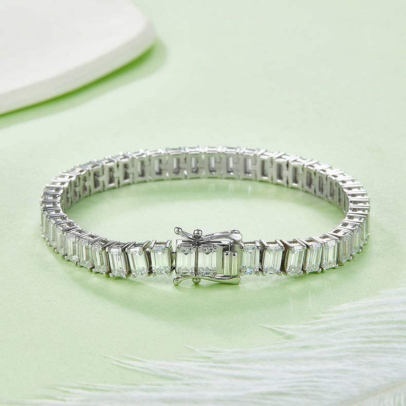 Rectangular Stone Tennis Bracelet, S925 Silver Platinum-Plated, Moissanite, 0.5CT Per Stone