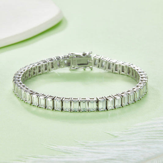 Rectangular Stone Tennis Bracelet, S925 Silver Platinum-Plated, Moissanite, 0.5CT Per Stone