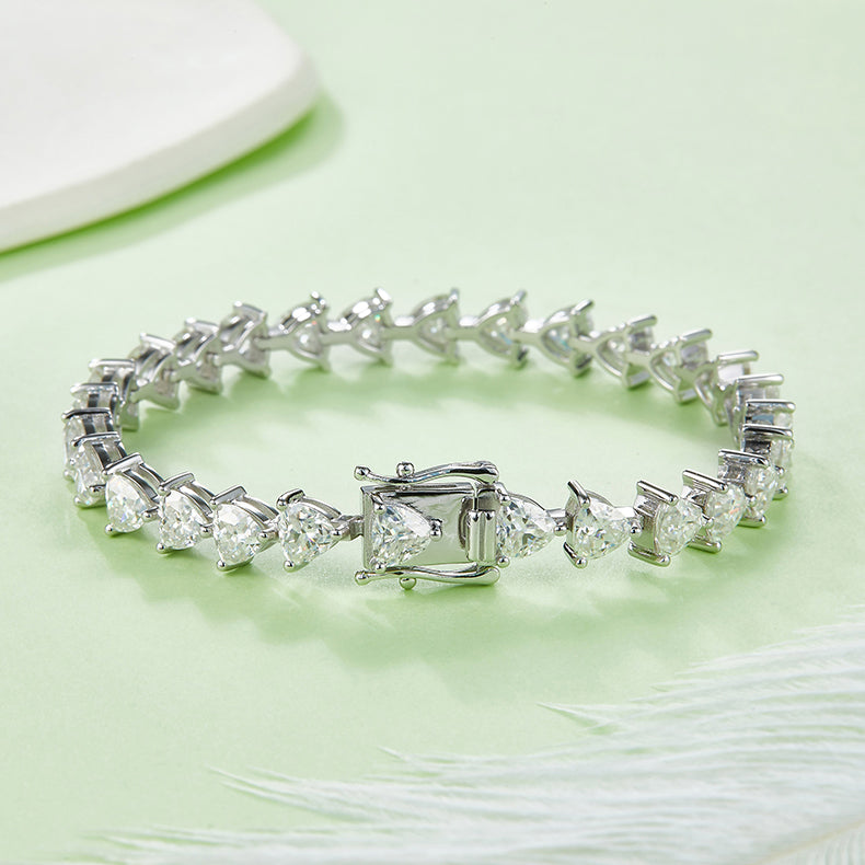 Triangular Pave Tennis Bracelet, S925 Silver, Platinum Plated, Moissanite 0.5CT/Stone