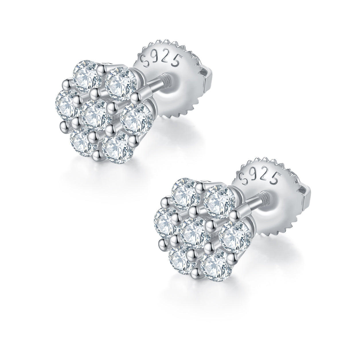 Round Plum Blossom Stud Earrings, S925 Silver Moissanite, D Color, 0.84CT