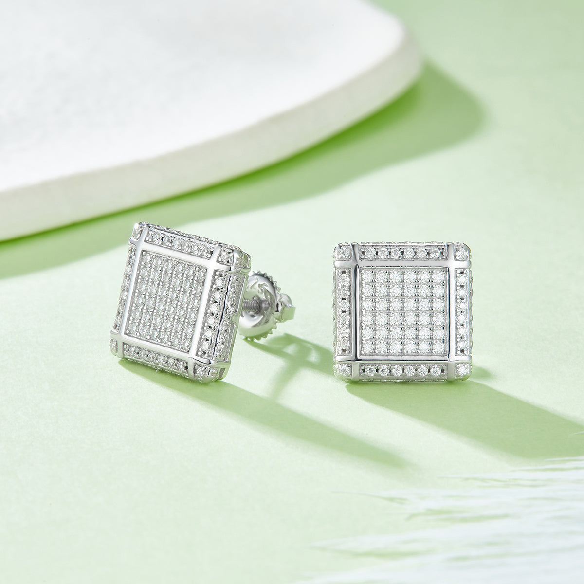 Square Grid Stud Earrings, S925 Silver, Moissanite, D Color, 0.77CT