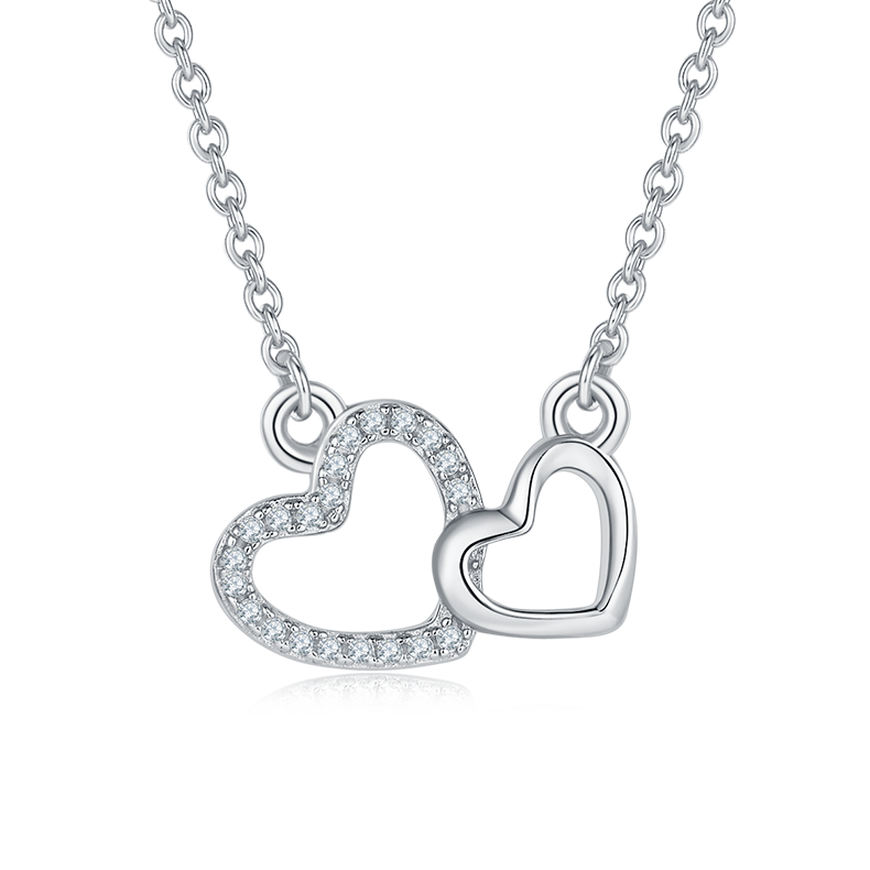 Dual Heart Pendant Necklace, S925 Silver Moissanite, D Color, 0.1CT