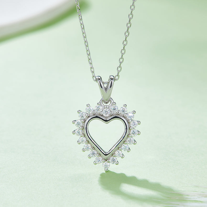 Hollow Heart Pendant Necklace, S925 Silver Moissanite, D Color, 0.54CT