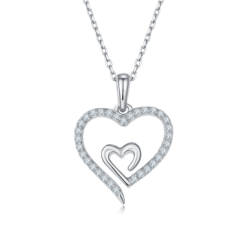 Hidden Core Heart Pendant Necklace, S925 Silver Moissanite, D Color, 0.32CT