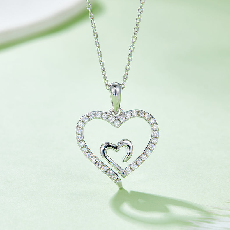 Hidden Core Heart Pendant Necklace, S925 Silver Moissanite, D Color, 0.32CT