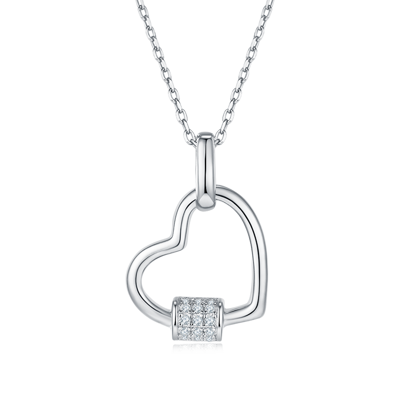 Lock Heart Pendant Necklace, S925 Silver Moissanite, D Color, 0.1CT